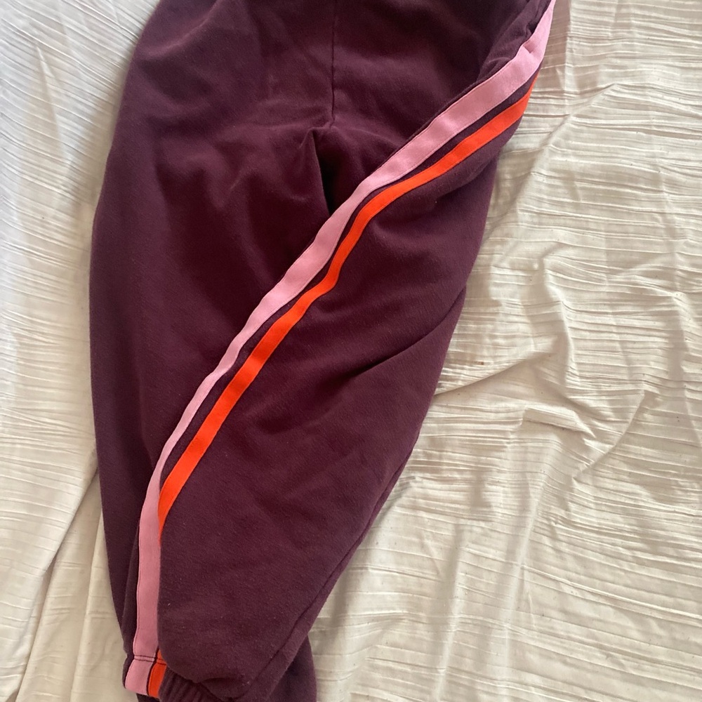 PINK Victoria's Secret Maroon Joggers with Pink and Orange Stripes
